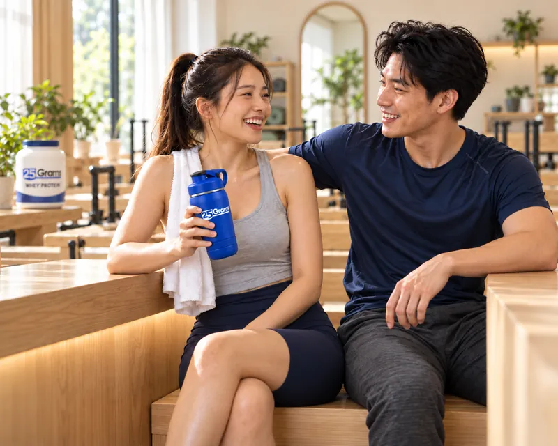 Two friends resting after a workout with a 25 Grams shaker
